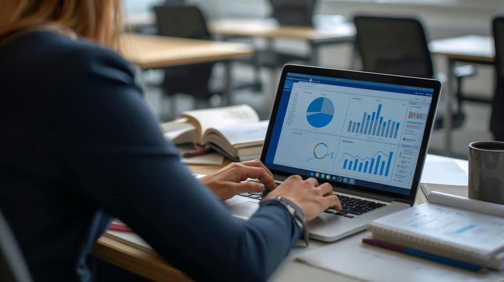 Frau arbeitet an einem Laptop mit Diagrammen und Grafiken.